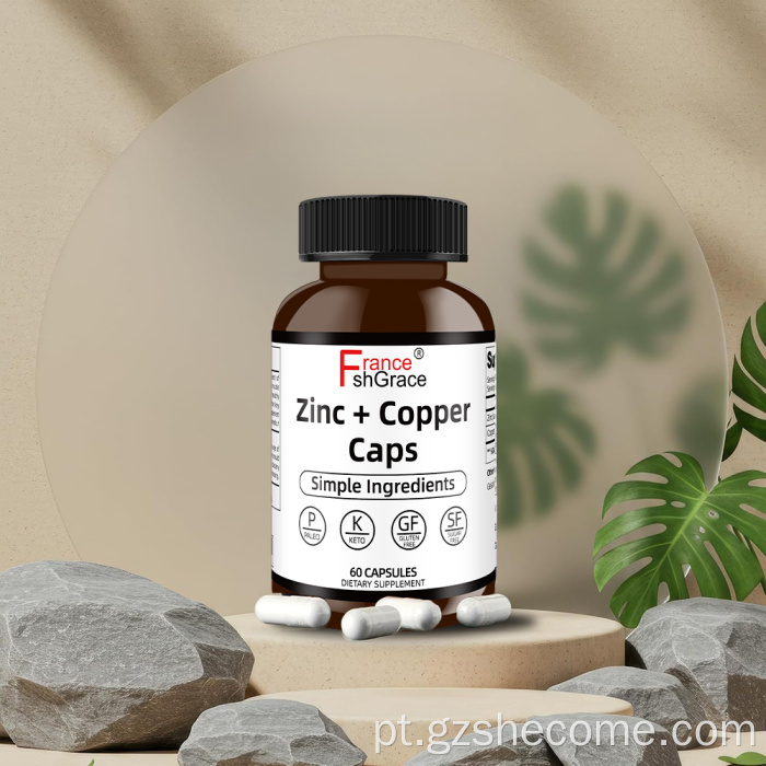 Suplementos de Zinco + Cobre Caps apoiam a clareza da pele e a estrutura do cabelo